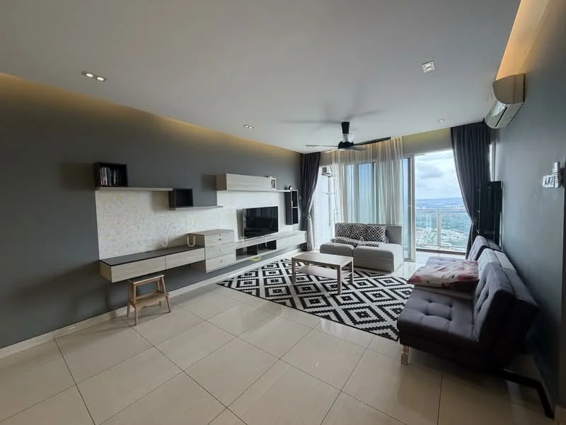 Living features: grey accent wall, white feature wall with TV console, floor-to-ceiling windows, sheer curtains, blackout curtains, 3-seater fabric sofa in grey, 2-seater fabric sofa in brown, coffee table, area rug with geometric pattern, ceiling fan, recessed downlights, wall-mounted TV; style: modern; view: city.
