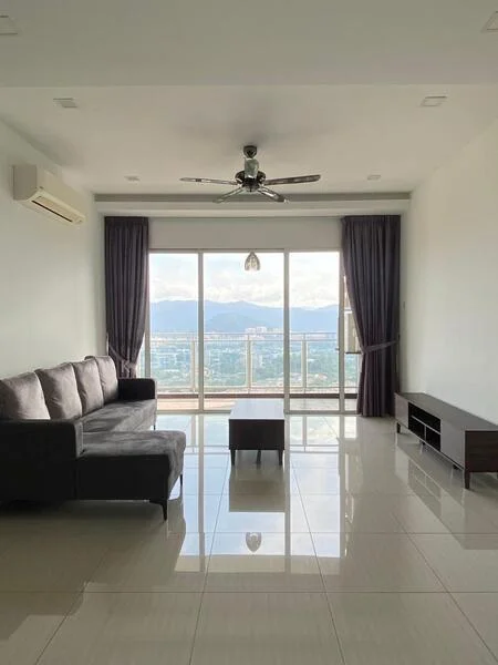 Living features: 3-seater fabric sofa in grey, ceiling fan with light, floor-to-ceiling windows, sliding glass door, curtains in dark grey, wall-mounted TV console, coffee table, glossy tile flooring, mountain view; style: modern; view: mountain.