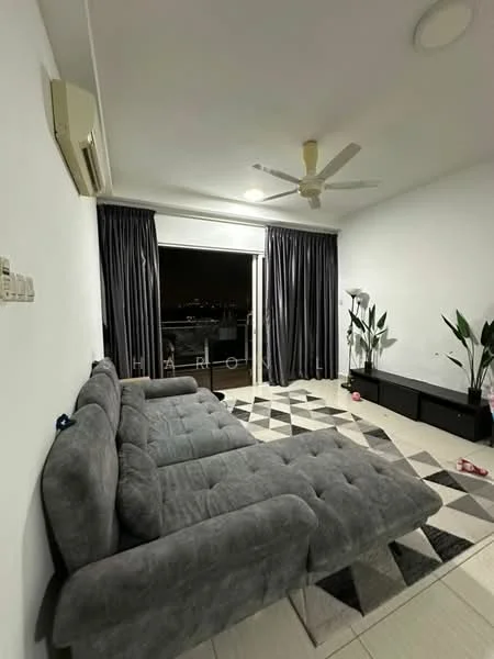 Living features: 3-seater fabric sofa in grey, ceiling fan, floor-to-ceiling windows, sliding glass door, grey curtains, area rug with geometric pattern, TV console, indoor plants, wall-mounted air conditioning unit, light-colored tiled flooring; style: modern; view: city.
