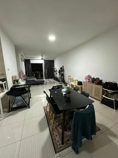 Living features: white painted walls, tile flooring, 5-blade ceiling fan with light, sofa in grey, dining table with 6 chairs, area rug with geometric pattern, curtains, decorative plants, sideboard, open shelving, various bags and items on the floor; style: modern.
