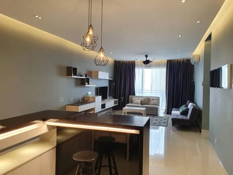 Living features: grey painted walls, white ceiling with recessed lighting, 5-blade ceiling fan with light, large floor-to-ceiling windows with sheer curtains, light-colored sofa, dark wood coffee table, black and white area rug with geometric pattern, TV console with wall-mounted TV, decorative wall shelves, pendant lighting fixtures, dark wood bar counter with stools; style: modern; view: city.
