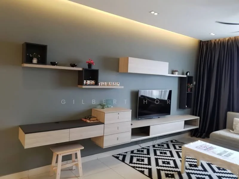 Living features: grey accent wall, white wall-mounted TV unit, black tabletop on TV unit, light wood cabinetry, open shelving with decorative plants, black and white geometric area rug, cream sofa, recessed LED downlights, floor-to-ceiling curtains, stool, decorative items on shelves; style: modern.