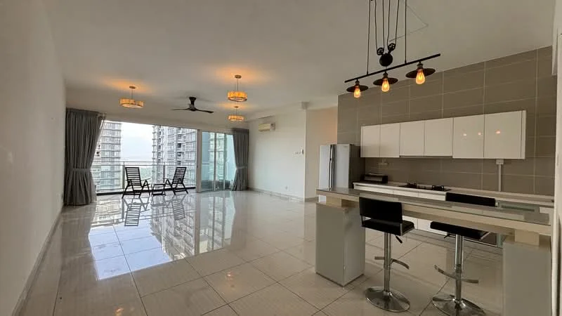 Living features: white painted walls, polished tile flooring, 5-blade ceiling fan with light, recessed downlights, large floor-to-ceiling windows, sliding glass door, grey curtains, 2-seater bar stools, kitchen island with countertop, dining area with space for chairs, outdoor balcony view, decorative pendant lights; style: modern; view: city. Kitchen features: white cabinetry, stainless-steel sink, built-in stove, kitchen island, countertop space; style: modern.