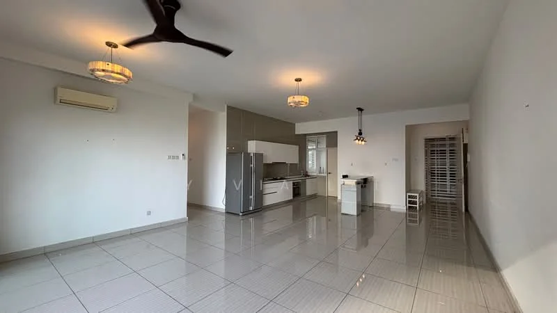 Living features: white painted walls, glossy tile flooring, 5-blade ceiling fan with light, two pendant lights, wall-mounted split AC, open kitchen layout, stainless-steel fridge, built-in kitchen cabinets, countertop, dining area, large windows for natural light; style: modern.
