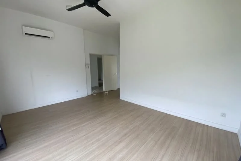 Room features: light wood laminate flooring, white painted walls, ceiling fan, wall-mounted split AC, doorway leading to another room.