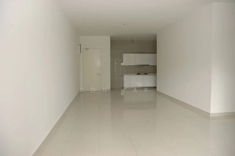 Room features: white painted walls, glossy ceramic tile flooring, recessed downlights, kitchen cabinetry with flat-panel design, open layout, single door, neutral color palette; style: modern.