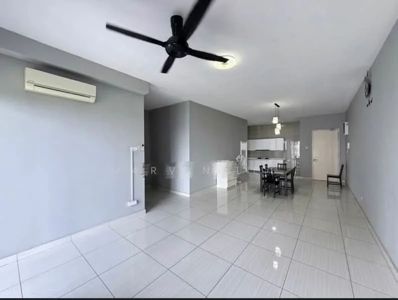 Living features: grey painted walls, glossy ceramic tile flooring, 5-blade ceiling fan with light, wall-mounted split AC, dining table with chairs, kitchen area with cabinetry, recessed downlights, open layout; style: modern.