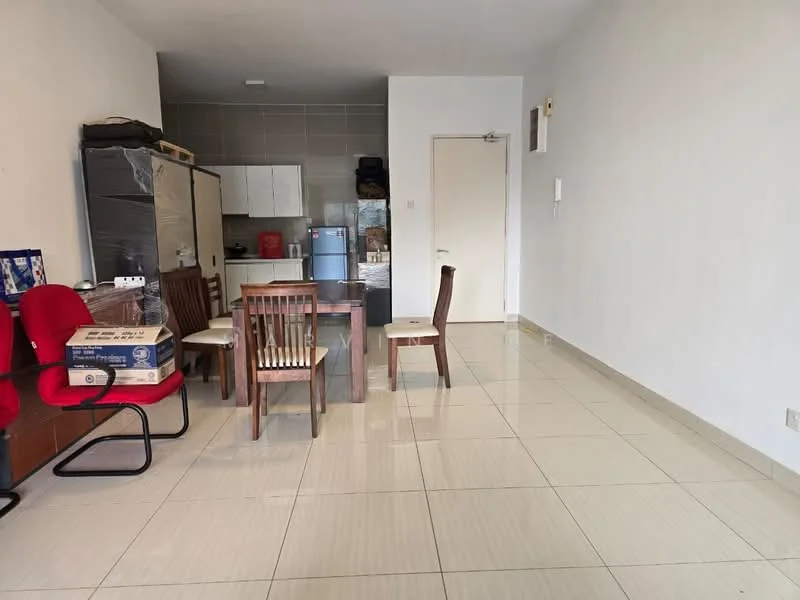 Dining features: dining table with wooden legs, 4 wooden dining chairs, white walls, glossy tile flooring, refrigerator, kitchen cabinets, stainless-steel sink, countertop, open layout, natural light from window, door leading to hallway; style: modern.
