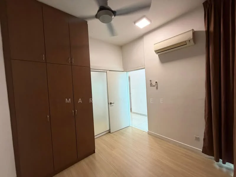 Bedroom features: built-in wardrobe with multiple doors, wooden flooring, ceiling fan, wall-mounted air conditioning unit, white painted walls, window with curtain, light fixture on ceiling, door leading to another room; style: modern.