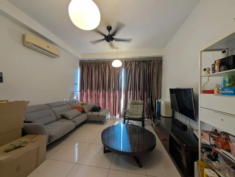 Living features: 3-seater fabric sofa in grey, coffee table, wall-mounted TV, TV console, floor-to-ceiling windows, sheer curtains, 5-blade ceiling fan, air conditioning unit, tile flooring, decorative wall clock; style: modern.