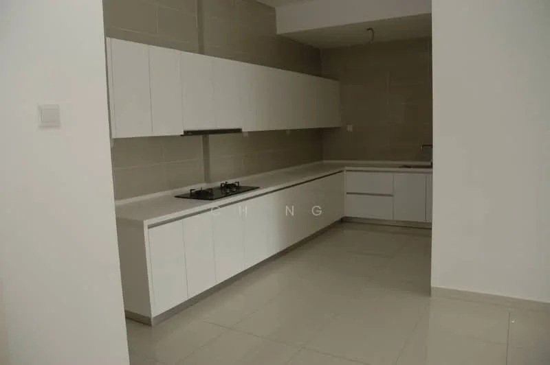 Kitchen features: white flat-panel cabinets, white countertop, stainless-steel gas hob, built-in oven, ceramic tile flooring, grey tiled backsplash, single-bowl stainless-steel sink, wall-mounted range hood, recessed downlights, open shelving, minimalist design; style: modern.