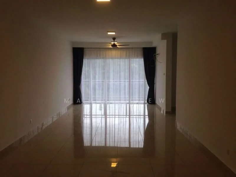 Living features: white painted walls, glossy ceramic tile flooring, 5-blade ceiling fan with light, floor-to-ceiling windows, sheer curtains, recessed downlights; style: modern.