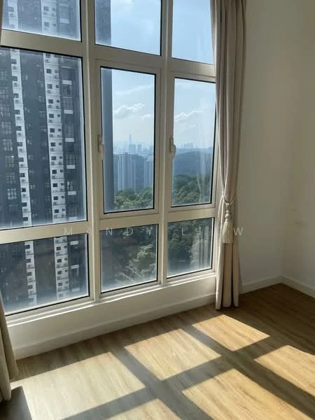 Room features: floor-to-ceiling windows, curtains, wooden flooring, city skyline view, natural light; view: city.