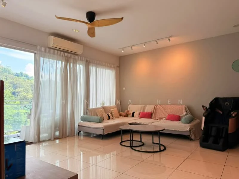 Living features: 5-blade ceiling fan with light, floor-to-ceiling windows, sheer curtains, light grey painted walls, cream tiled flooring, L-shape sectional sofa in light grey, decorative cushions in pink, round coffee table, wall-mounted air conditioning unit, decorative wall art, open layout, natural light from windows; style: modern; view: garden.