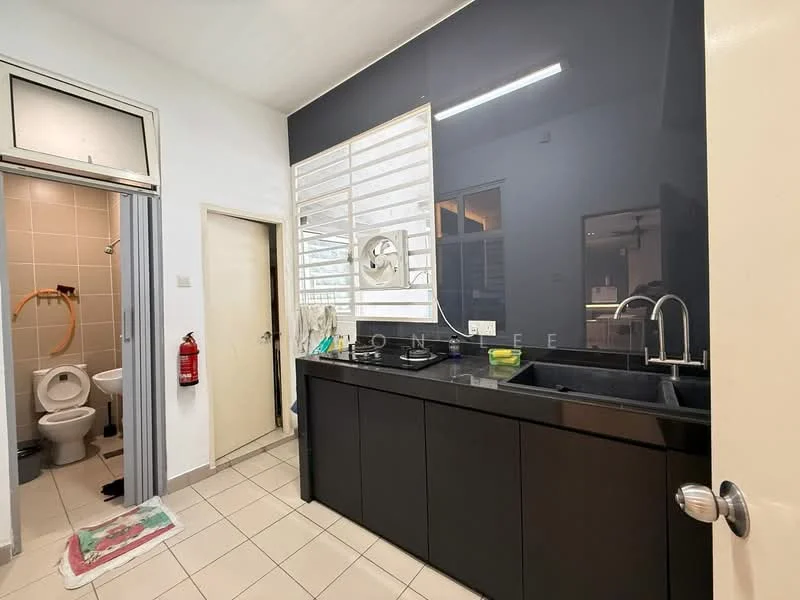 Kitchen features: black cabinetry, black countertop, single-bowl stainless-steel sink, chrome pull-down faucet, wall-mounted mirror, recessed lighting, tile flooring, white walls; style: modern. Bathroom features: white tiled walls, white toilet, floor-mounted toilet, yellow plumbing pipe, tile flooring.