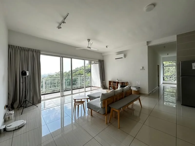 Living features: large floor-to-ceiling windows, sliding glass door, grey curtains, white painted walls, polished ceramic tile flooring, 5-blade ceiling fan with light, sofa with light grey upholstery, wooden coffee table, wooden side table, wall-mounted air conditioning unit, decorative shelving unit, vacuum robot, view of greenery; style: modern; view: garden.