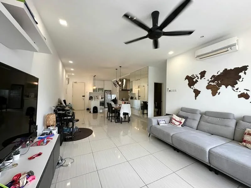 Living features: grey fabric sectional sofa, 3-seater sofa, coffee table, wall-mounted TV, TV console, area rug, 5-blade ceiling fan with light, recessed LED downlights, white painted walls, glossy tile flooring, decorative wall map, open-plan layout to dining and kitchen area; style: modern. Dining features: 6-seater dining table, white dining chairs, pendant lighting above dining table; style: modern. Kitchen features: white cabinetry, stainless-steel appliances, open kitchen layout, countertop with bar seating, refrigerator, built-in oven, microwave; style: modern.