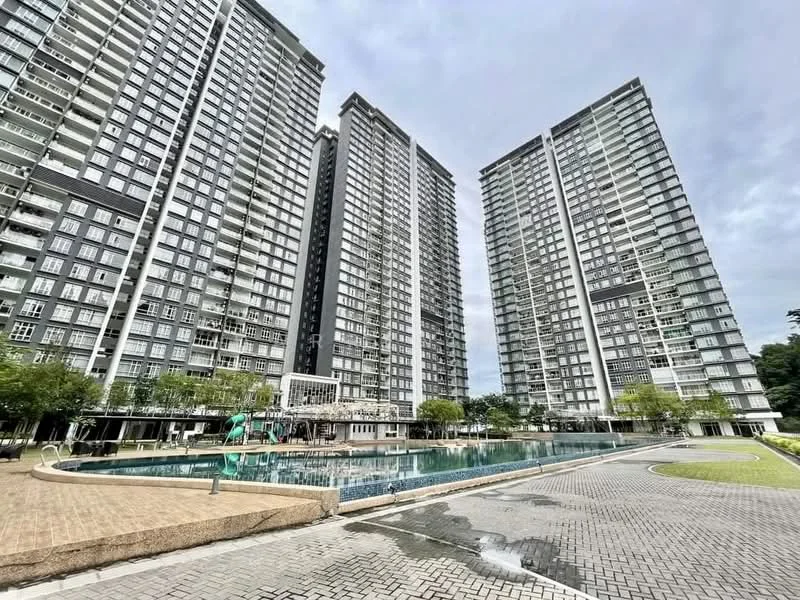 Exterior type: high-rise condominium; features: three tall residential towers, swimming pool, pool deck with loungers, landscaped garden area, manicured lawn, paved walkway, greenery surrounding the buildings, modern architectural design, glass curtain wall, balconies on each tower; style: modern.