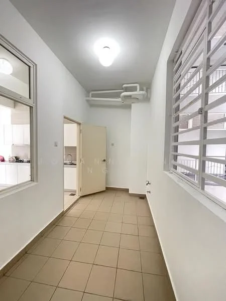 Room features: white painted walls, tile flooring, window with horizontal slats, door leading to another room, visible plumbing pipes, light fixture on ceiling, open layout, neutral color scheme; style: modern.