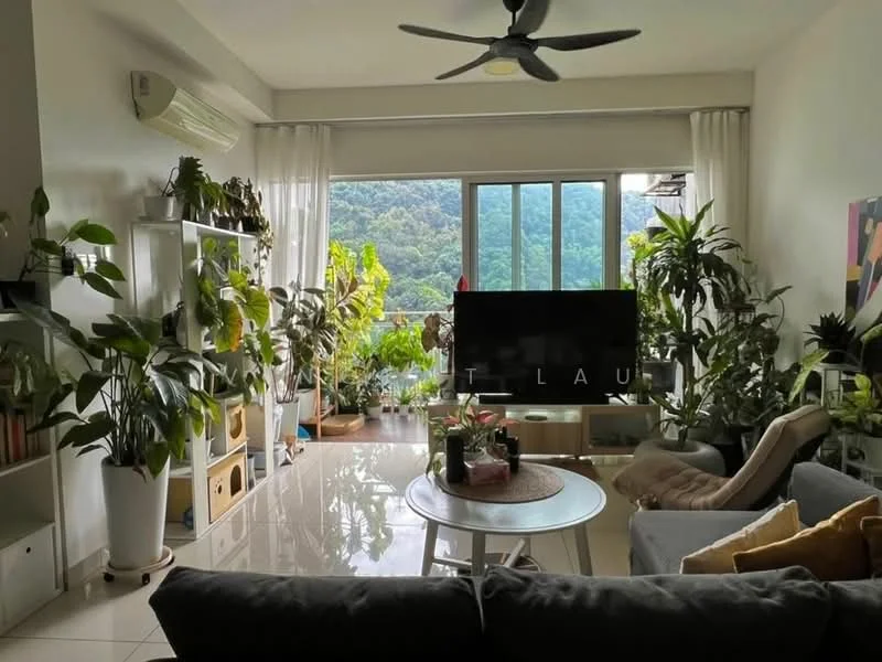 Living features: floor-to-ceiling windows, sliding glass door, 5-blade ceiling fan, light grey walls, white tiled flooring, green indoor plants, sofa in dark grey, coffee table, TV console, wall-mounted TV, decorative wall art, curtains, decorative cushions; style: modern; view: mountain.