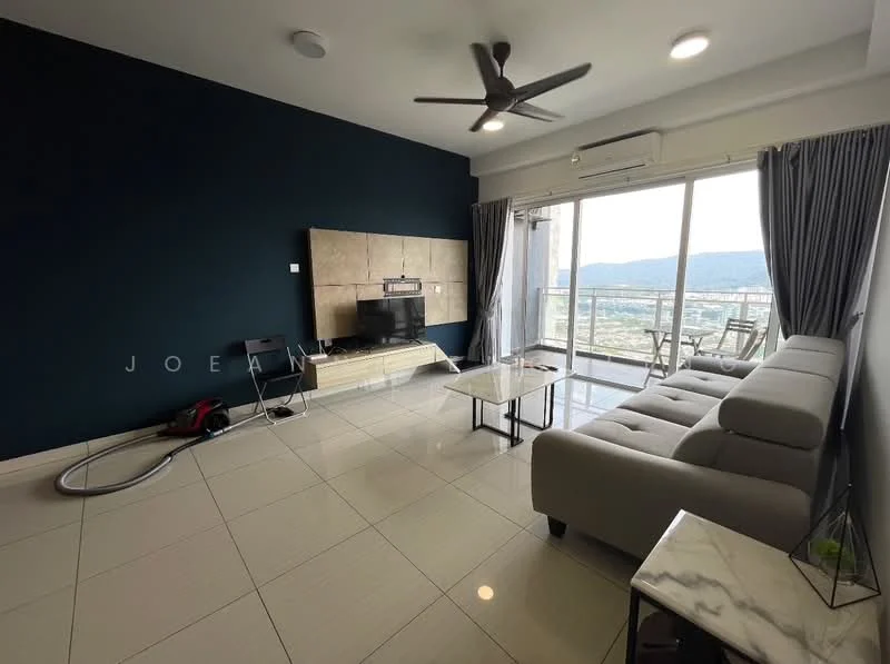 Living features: grey accent wall, white painted walls, glossy tile flooring, 5-blade ceiling fan with light, sofa in light grey fabric, glass coffee table, TV console, wall-mounted TV, floor-to-ceiling windows, curtains, city view; style: modern; view: city.
