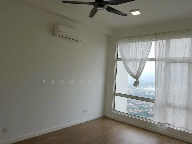 Room features: white painted walls, laminate flooring, floor-to-ceiling windows, sheer curtains, 1 wall-mounted split AC, ceiling fan, recessed downlights; style: modern; view: city.