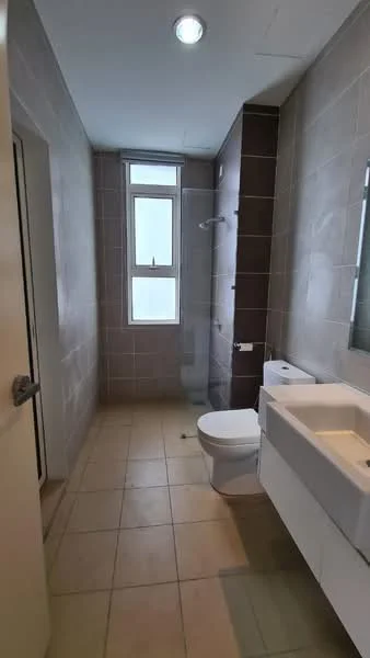 Bathroom features: light grey tiled walls, beige tiled flooring, single-sink vanity with white cabinet, chrome basin mixer faucet, framed mirror, one-piece toilet, window with clear glass, shower area with glass partition; style: modern.