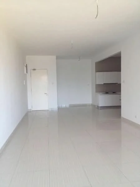 Room features: white painted walls, glossy ceramic tile flooring, recessed downlights, single door, open kitchen area, neutral color scheme, no visible furniture, large open space; style: modern.