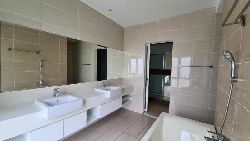 Bathroom features: double-sink vanity with white cabinet, chrome basin mixer faucets, large wall-mounted mirrors, light beige tiled walls, light brown tiled flooring, walk-in shower with glass enclosure, freestanding bathtub, shower head with adjustable height, white cabinetry under the sink, sliding door to another room; style: modern.