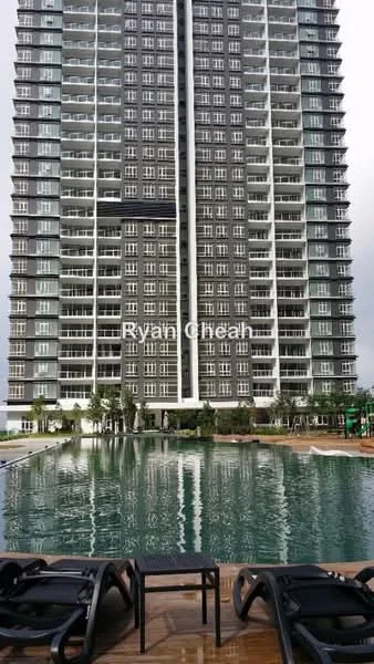 Exterior type: high-rise condominium; features: glass curtain wall facade, balconies on each floor, infinity pool, pool deck with loungers, landscaped garden area, children's playground, manicured lawn, surrounded by greenery; style: modern.
