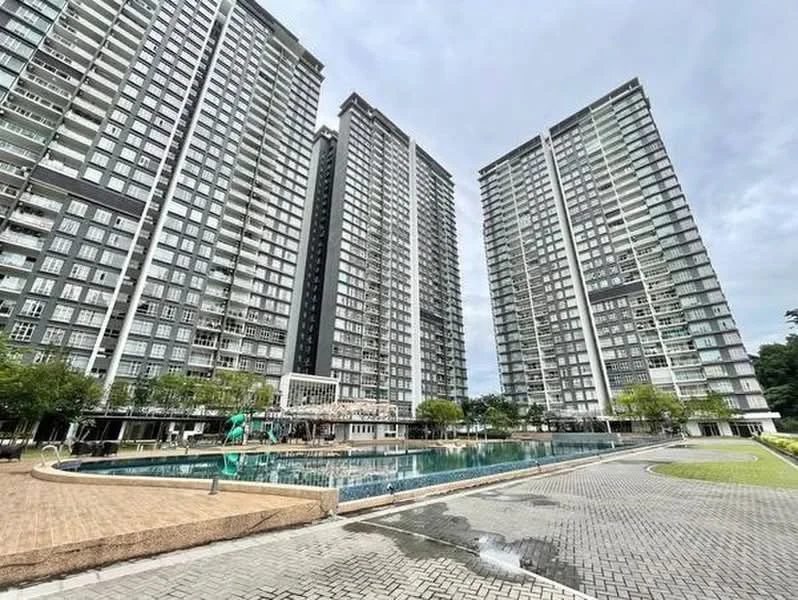 Exterior type: high-rise condominium; features: two high-rise buildings, swimming pool, landscaped garden area, paved walkway, greenery around the pool, children's slide at pool area, outdoor seating area, modern architectural design, glass curtain wall, balconies on each unit; style: modern.