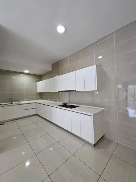 Kitchen features: white flat-panel cabinets, stainless-steel gas hob, single-bowl stainless-steel sink, chrome pull-down faucet, white quartz countertop, grey tiled backsplash, polished ceramic tile flooring, recessed LED downlights, wall-mounted cabinets, open shelving, large window for natural light; style: modern.