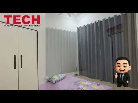 Room features: light purple wall, white ceiling, ceiling fan, grey curtains, white wardrobe, purple patterned bedding, flooring with light tiles, decorative pillow; style: modern.