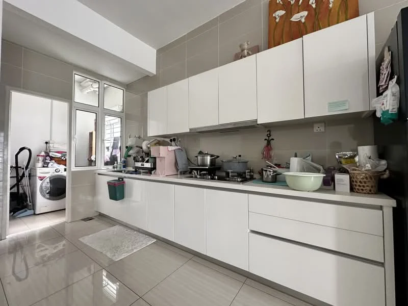 Kitchen features: white flat-panel cabinets, stainless-steel sink, chrome pull-down faucet, quartz countertop, built-in oven, freestanding range oven, microwave, refrigerator, ceramic tile flooring, wall-mounted storage, decorative wall art, open shelving, window with sheer curtains; style: modern. Laundry features: front-load washing machine, storage area, baskets for laundry.