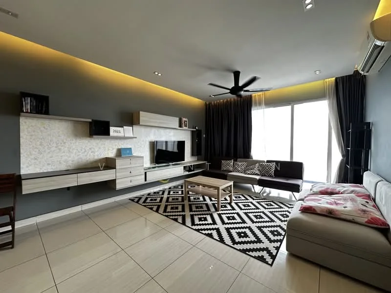 Living features: grey painted walls, white ceiling, 5-blade ceiling fan with light, floor-to-ceiling windows, blackout curtains, light-colored sectional sofa, black and white patterned area rug, wall-mounted TV, floating TV console, decorative wall panel, coffee table, decorative cushions, wooden dining chair, LED strip lighting; style: modern.