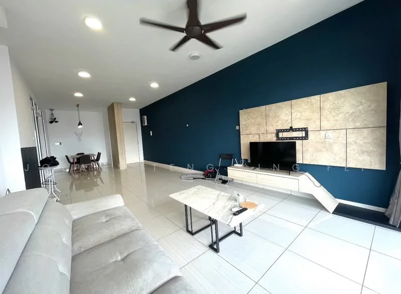 Living features: light grey fabric sofa, coffee table with black metal legs, wall-mounted TV, textured beige feature wall, dark blue accent wall, recessed downlights, ceiling fan, large windows with sheer curtains, tile flooring, open layout, decorative wall paneling; style: modern.