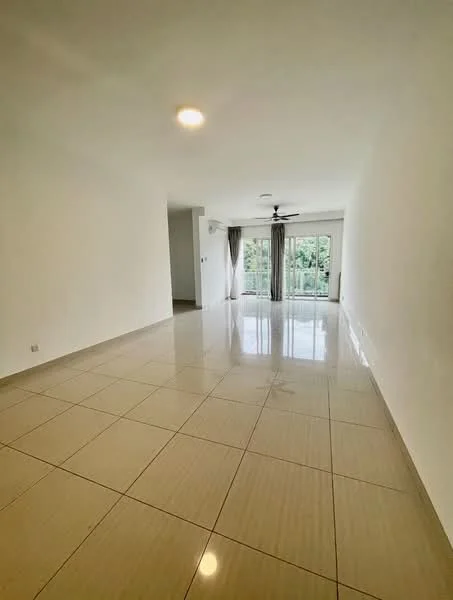 Living features: white painted walls, glossy ceramic tile flooring, 5-blade ceiling fan, floor-to-ceiling windows, sheer curtains, sliding glass door, natural light, open layout; style: modern; view: garden.
