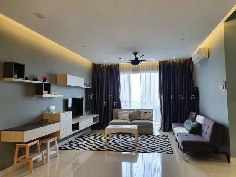 Living features: grey painted walls, white ceiling with recessed lighting, 5-blade ceiling fan with light, floor-to-ceiling windows with sheer curtains, light-coloured sofa, dark brown fabric sofa, black and white geometric area rug, wooden TV console, wall-mounted TV, decorative wall shelf, small coffee table, decorative plants, artwork on the wall; style: modern; view: city.