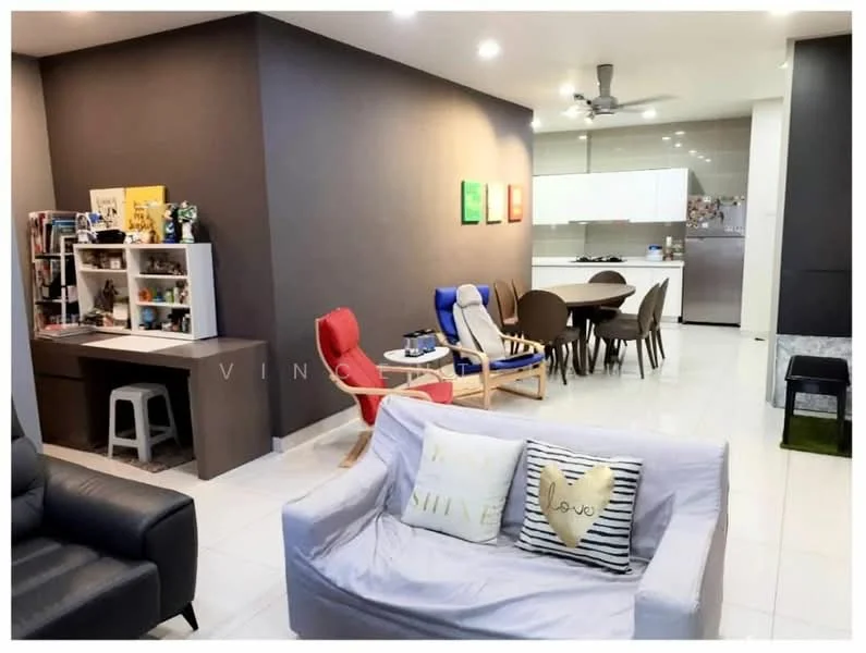 Living features: grey accent wall, white tiled flooring, 5-blade ceiling fan with light, 3-seater fabric sofa in light grey, decorative cushions, coffee table, study desk with shelving, decorative wall art; style: modern. Dining features: round dining table, 4 upholstered dining chairs, white cabinetry in background, stainless-steel fridge visible; style: modern.