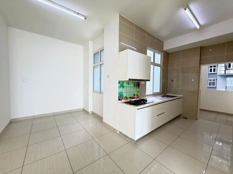 Kitchen features: white cabinetry, stainless-steel sink, chrome pull-down faucet, ceramic tile backsplash with green pattern, built-in stove, countertop with smooth surface, large windows for natural light, tile flooring, recessed lighting; style: modern.