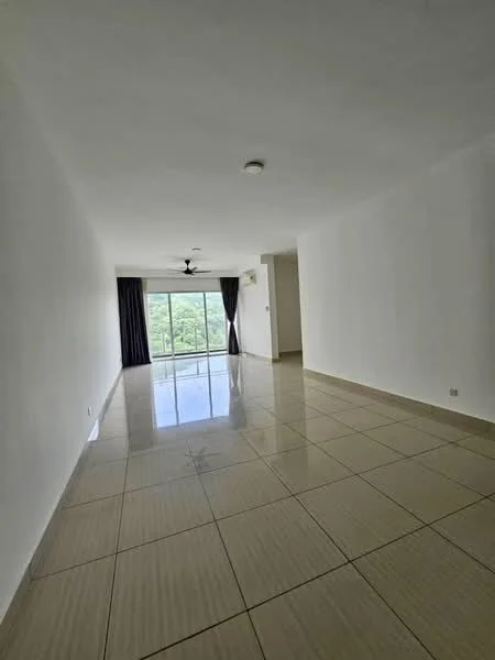 Living features: white painted walls, glossy beige tile flooring, 5-blade ceiling fan, floor-to-ceiling windows, sliding glass door, blackout curtains, natural light, open layout; style: modern; view: garden.