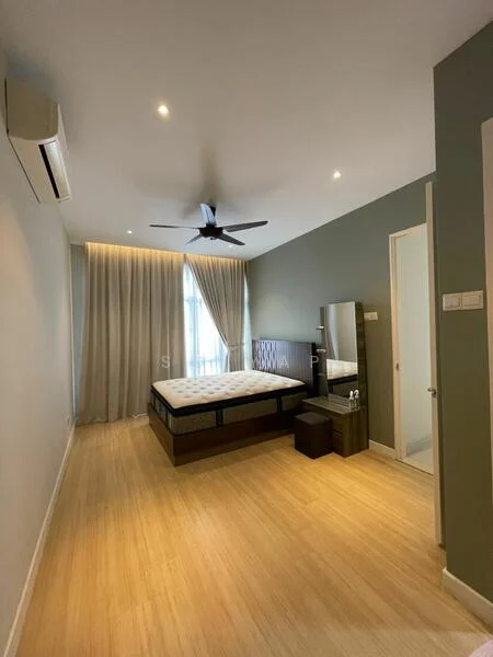 Bedroom features: queen-size bed, upholstered headboard, 2 bedside tables, floor-to-ceiling windows, sheer curtains, 5-blade ceiling fan with light, light grey painted walls, laminate flooring, built-in wardrobe, mirror on dresser, recessed downlights; style: modern.