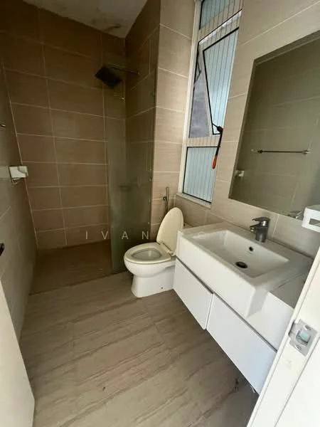 Bathroom features: shower area with glass enclosure, white toilet, single-sink vanity with white cabinet, chrome basin mixer faucet, mirror above sink, tile flooring in light beige, wall tiles in light beige, window for natural light, towel rack, soap holder; style: modern.