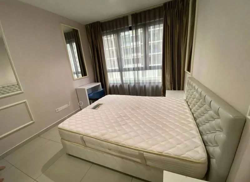 Bedroom features: queen-size bed, upholstered headboard, white bedside tables, floor-to-ceiling windows, sheer curtains, brown curtains, mirrored wall decor, tile flooring, light-colored painted walls; style: modern.