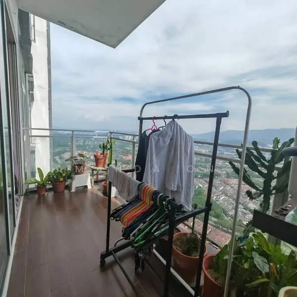 Room features: balcony with glass railing, wooden flooring, clothes drying rack, potted plants, city view, mountain view, outdoor seating, sunlight exposure; style: modern; view: city.