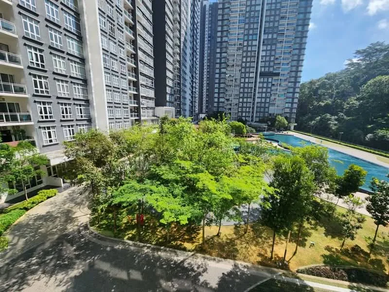 Exterior type: high-rise condominium; features: glass curtain wall, surrounded by mature greenery, landscaped garden, swimming pool, manicured lawn, paved walkway, multiple high-rise buildings, outdoor amenities; style: modern.