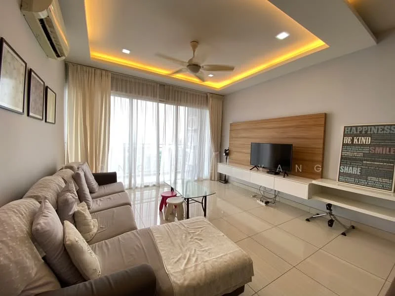 Living features: 3-seater fabric sofa in light grey, 2-seater fabric sofa in light grey, glass coffee table, TV console, wall-mounted TV, floor-to-ceiling windows, sheer curtains, recessed LED downlights, ceiling fan, wood feature wall, white painted walls, glossy tile flooring; style: modern; view: city.
