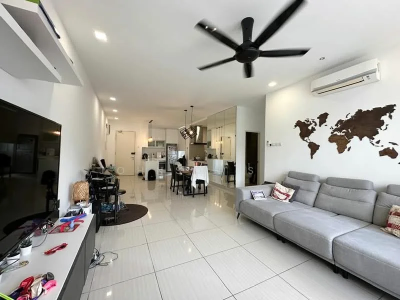 Living features: grey fabric sectional sofa, 3-seater sofa, coffee table, wall-mounted TV, TV console, area rug, 5-blade ceiling fan with light, recessed LED downlights, white painted walls, glossy tile flooring, decorative wall map, open-plan layout to dining and kitchen; style: modern. Dining features: 4-seater dining table, black dining chairs, pendant lighting above table, open layout to kitchen; style: modern. Kitchen features: white cabinetry, stainless-steel appliances, granite countertop, kitchen island, built-in oven, fridge, ceramic tile flooring; style: modern.