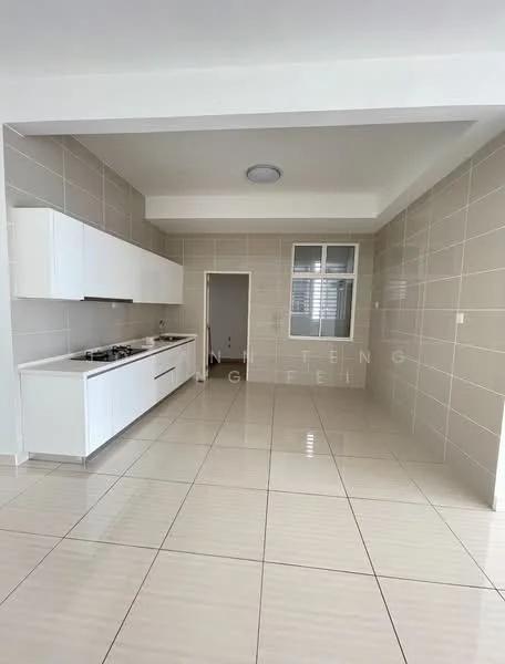 Kitchen features: white cabinetry, ceramic tile flooring, grey tiled walls, built-in gas hob, stainless-steel sink, single-bowl stainless-steel sink, wall-mounted window, recessed ceiling light, open layout, countertop space, no visible appliances; style: modern.