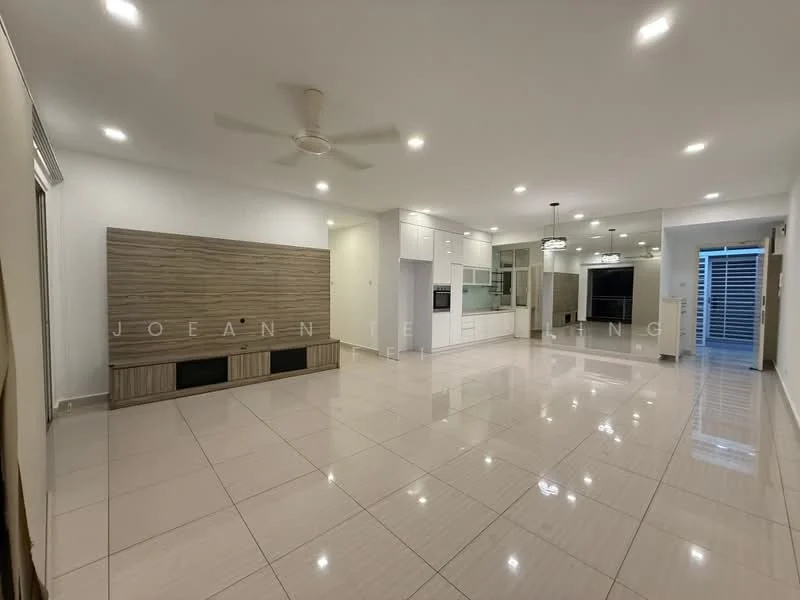 Living features: white painted walls, glossy ceramic tile flooring, ceiling fan, recessed LED downlights, wall-mounted TV console, built-in cabinetry, open layout, large windows with natural light, neutral color palette, sliding glass door leading to outdoor area; style: modern.